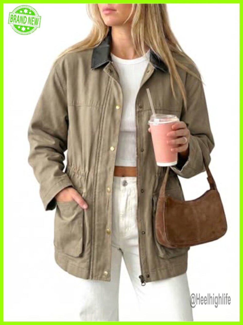 Women's Cotton Barn Jacket Utility Coat Contrast Collar